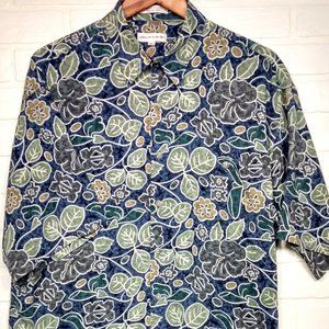 Pierre Cardin men's tropical blue floral pattern short sleeve Rayon shirt L